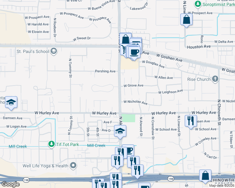 map of restaurants, bars, coffee shops, grocery stores, and more near 721 North Akers Street in Visalia