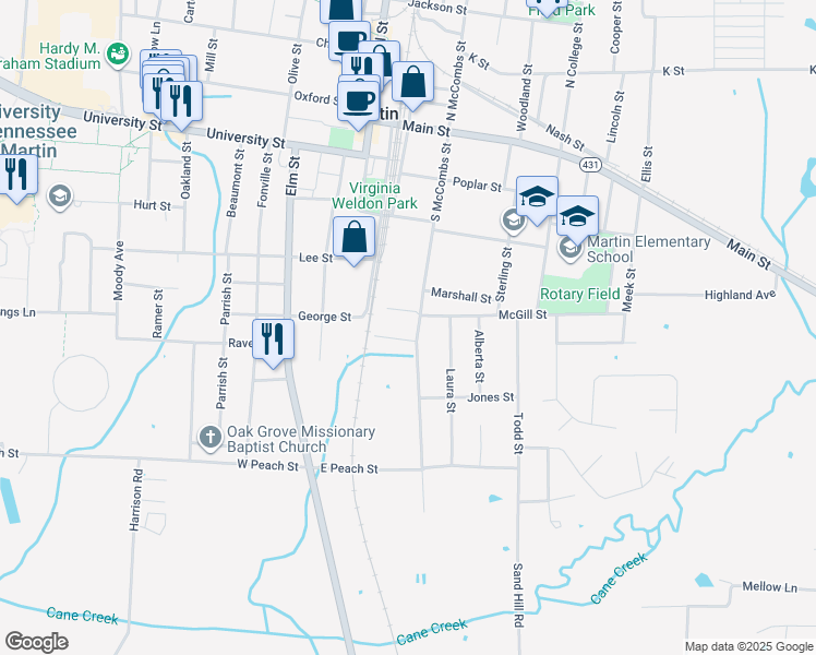 map of restaurants, bars, coffee shops, grocery stores, and more near 115 Ryan Street in Martin