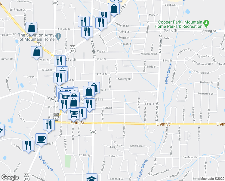 map of restaurants, bars, coffee shops, grocery stores, and more near 400 Foster Street in Mountain Home