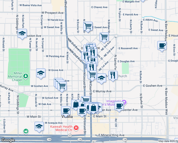 map of restaurants, bars, coffee shops, grocery stores, and more near 711 North Court Street in Visalia