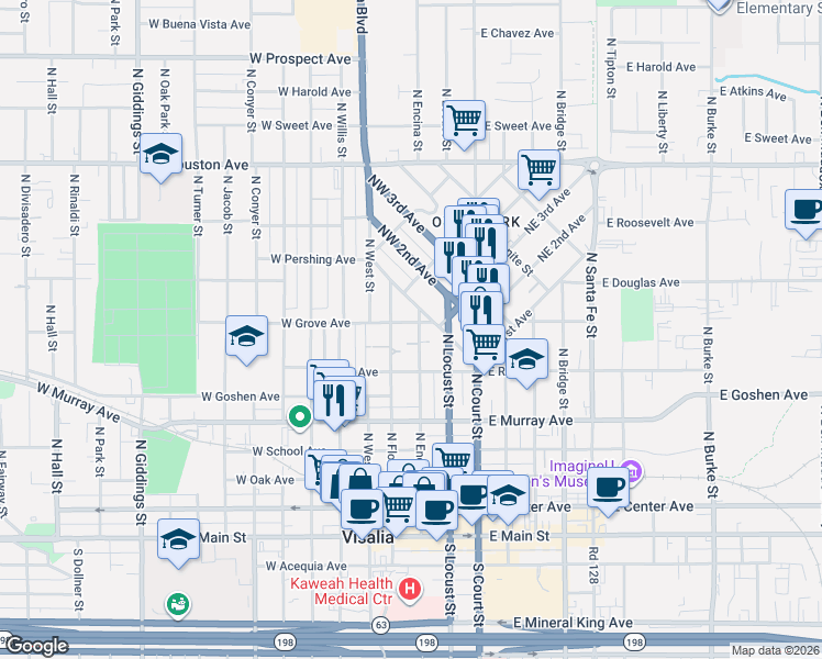 map of restaurants, bars, coffee shops, grocery stores, and more near 617 North Encina Street in Visalia