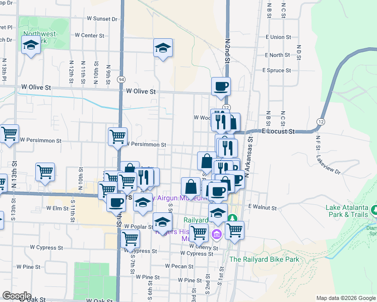 map of restaurants, bars, coffee shops, grocery stores, and more near 406 North 4th Street in Rogers