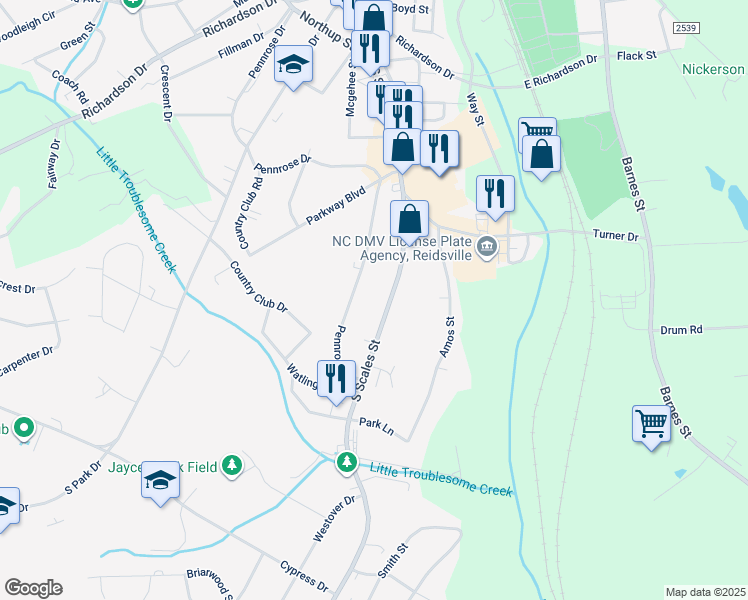 map of restaurants, bars, coffee shops, grocery stores, and more near 1748 South Scales Street in Reidsville