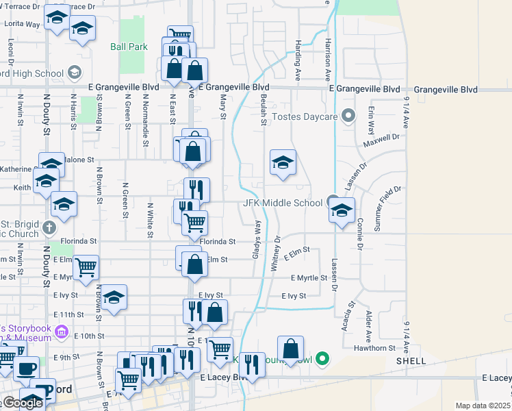 map of restaurants, bars, coffee shops, grocery stores, and more near 1077 Gladys Way in Hanford