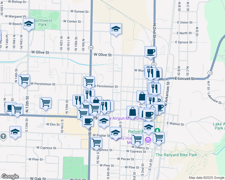 map of restaurants, bars, coffee shops, grocery stores, and more near 315 North 6th Street in Rogers
