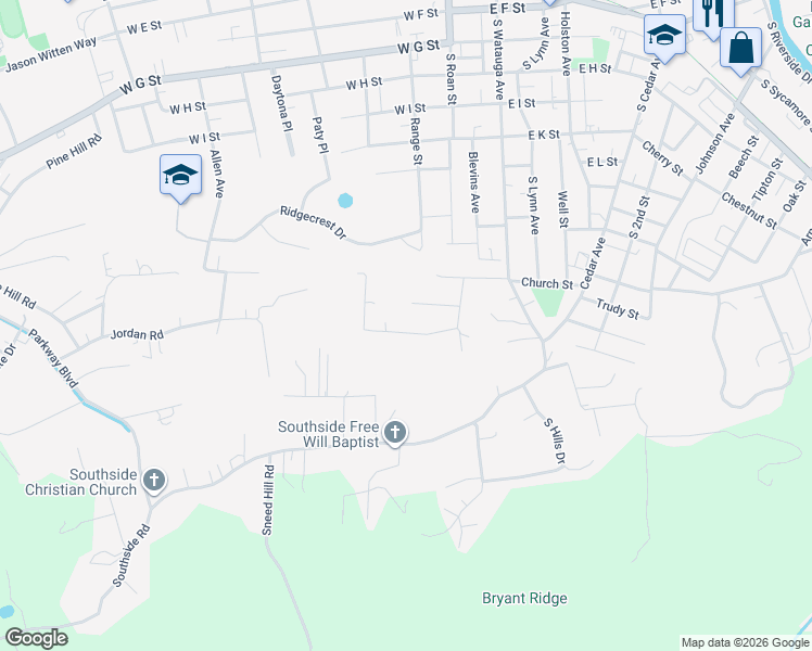 map of restaurants, bars, coffee shops, grocery stores, and more near 147 Jackson Avenue in Elizabethton