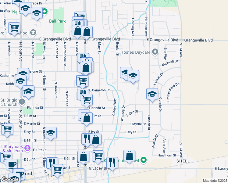 map of restaurants, bars, coffee shops, grocery stores, and more near 1077 Gladys Way in Hanford