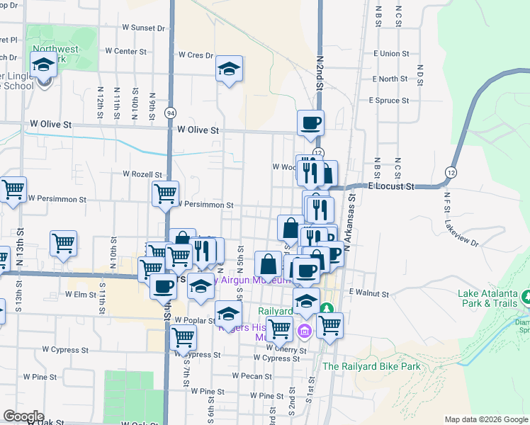 map of restaurants, bars, coffee shops, grocery stores, and more near 406 North 4th Street in Rogers