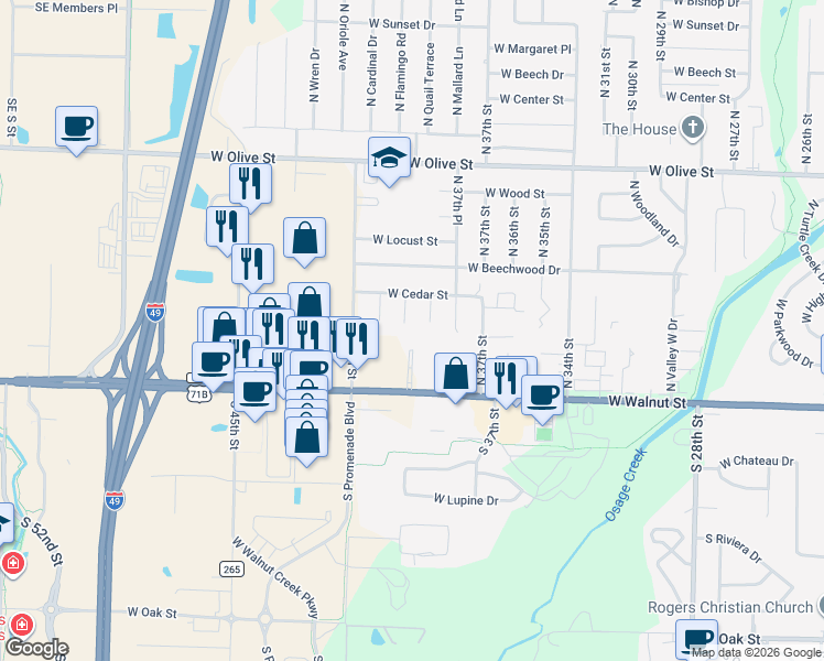 map of restaurants, bars, coffee shops, grocery stores, and more near 101 North 39th Street in Rogers