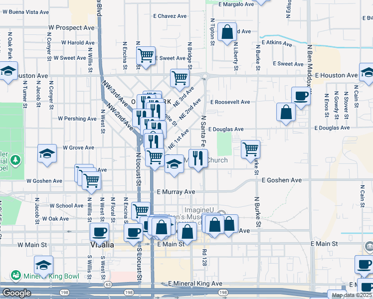 map of restaurants, bars, coffee shops, grocery stores, and more near 712 North Bridge Street in Visalia