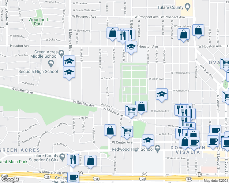 map of restaurants, bars, coffee shops, grocery stores, and more near 806 North Rinaldi Street in Visalia