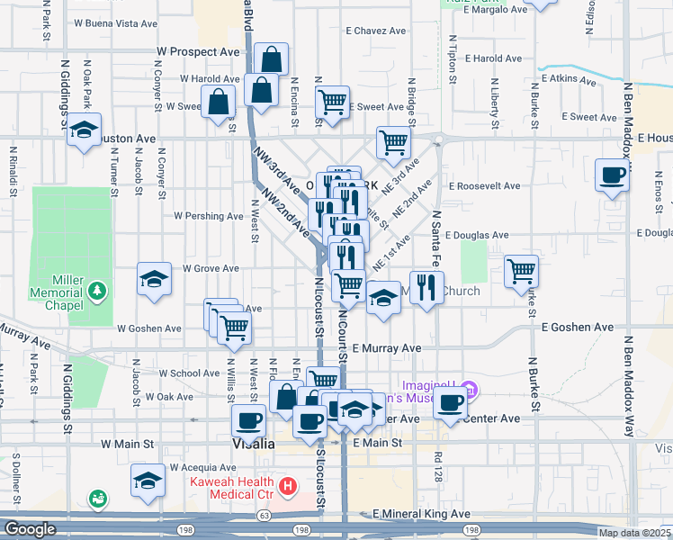 map of restaurants, bars, coffee shops, grocery stores, and more near 111 Ash St in Visalia