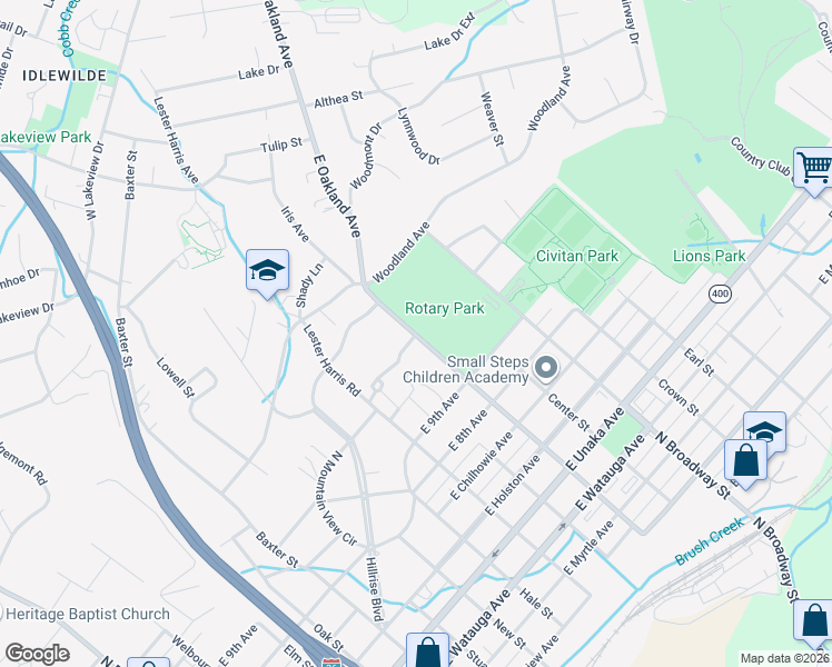 map of restaurants, bars, coffee shops, grocery stores, and more near 1001 North Broadway Street in Johnson City