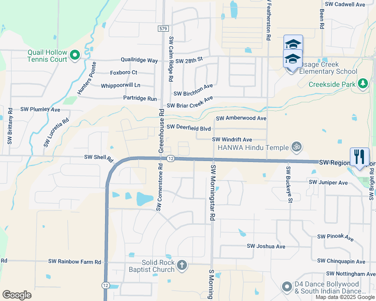 map of restaurants, bars, coffee shops, grocery stores, and more near 3403 Southwest Windrift Avenue in Bentonville