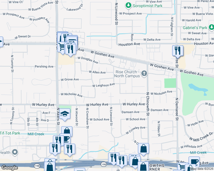 map of restaurants, bars, coffee shops, grocery stores, and more near 999 N Linwood Ct in Visalia