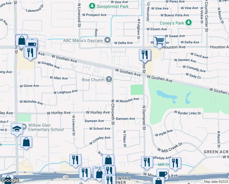 map of restaurants, bars, coffee shops, grocery stores, and more near 930 North Chinowth Street in Visalia