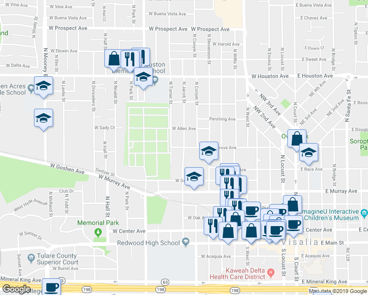 map of restaurants, bars, coffee shops, grocery stores, and more near 801 North Jacob Street in Visalia