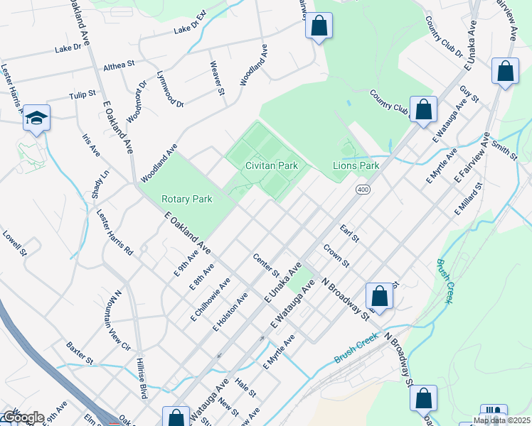 map of restaurants, bars, coffee shops, grocery stores, and more near 1401 East Chilhowie Avenue in Johnson City