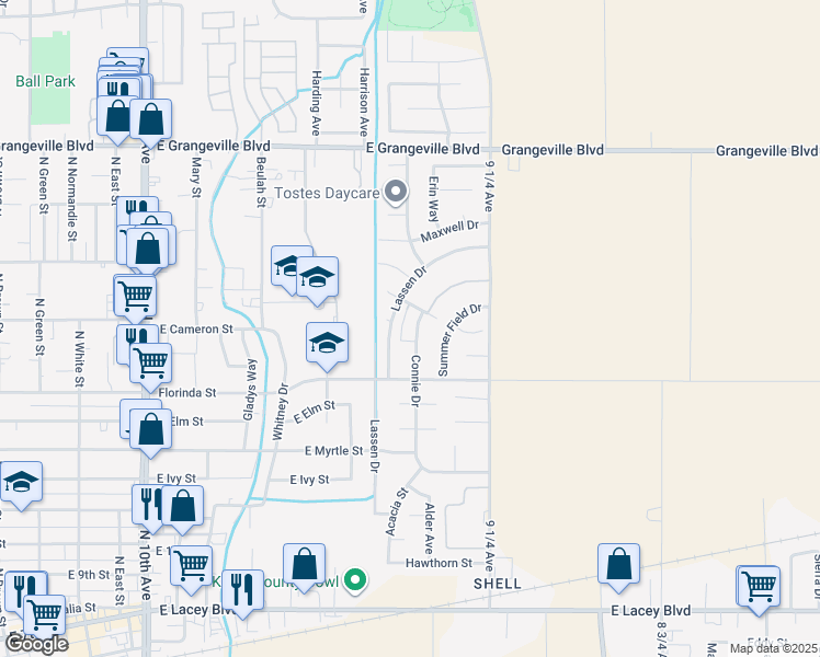 map of restaurants, bars, coffee shops, grocery stores, and more near 1190 Connie Drive in Hanford