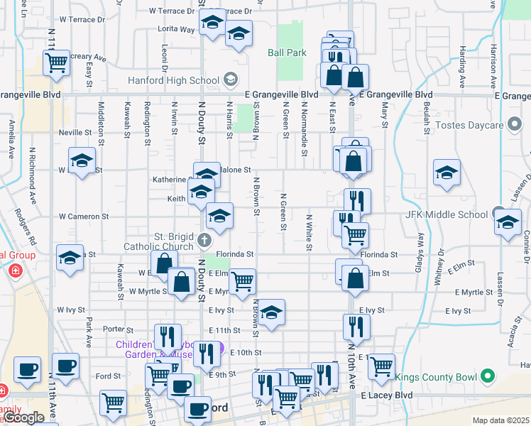 map of restaurants, bars, coffee shops, grocery stores, and more near 322 East Cameron Street in Hanford