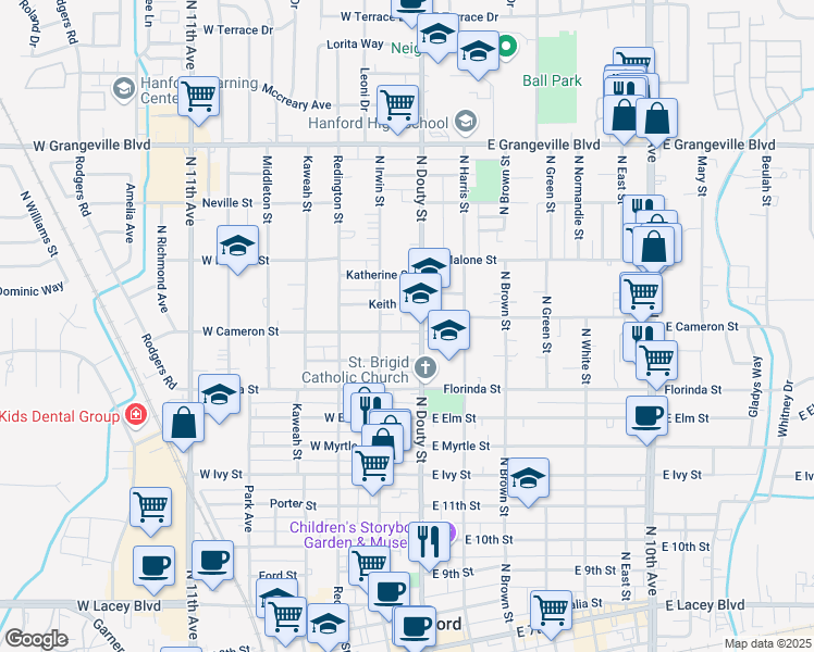 map of restaurants, bars, coffee shops, grocery stores, and more near 1216 North Douty Street in Hanford