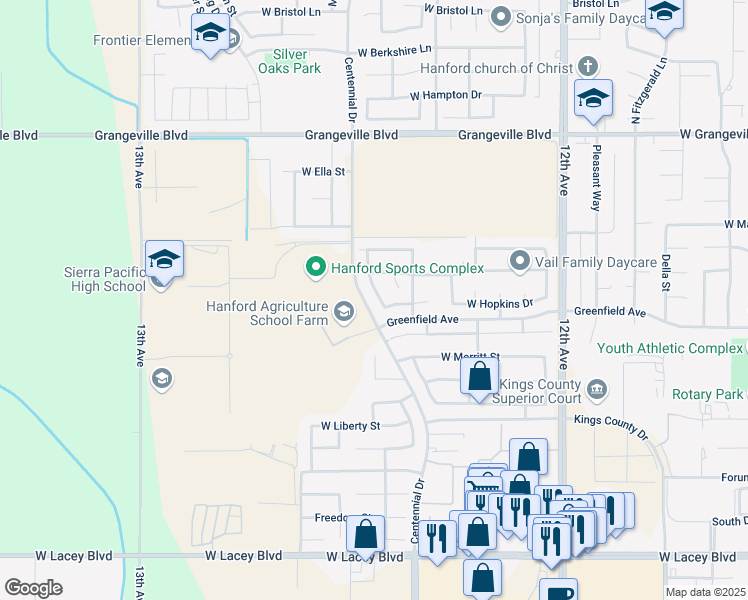 map of restaurants, bars, coffee shops, grocery stores, and more near 1164 North Academy Drive in Hanford