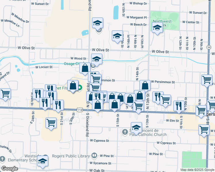 map of restaurants, bars, coffee shops, grocery stores, and more near 1600 West Persimmon Street in Rogers