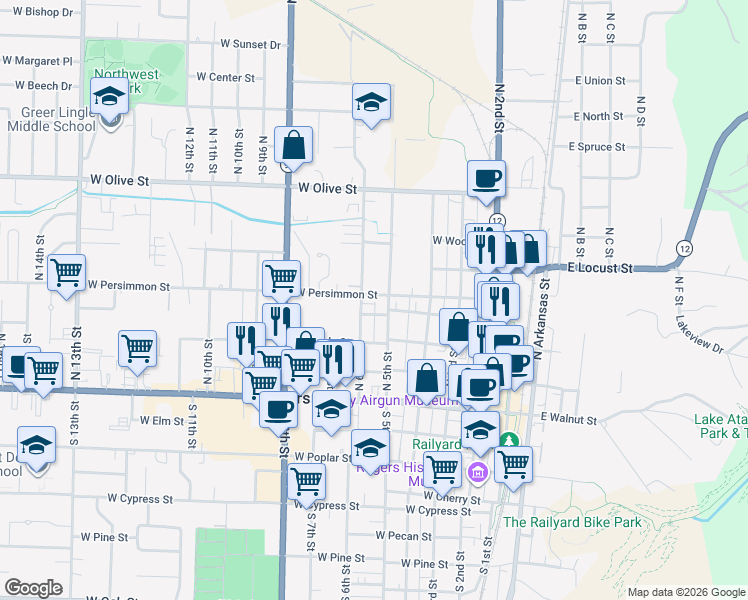 map of restaurants, bars, coffee shops, grocery stores, and more near in Rogers