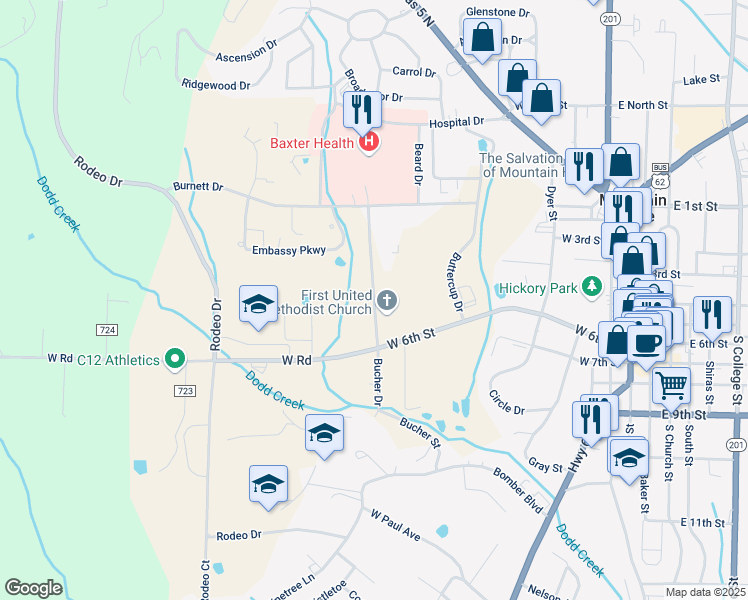 map of restaurants, bars, coffee shops, grocery stores, and more near 595 Bucher Drive in Mountain Home