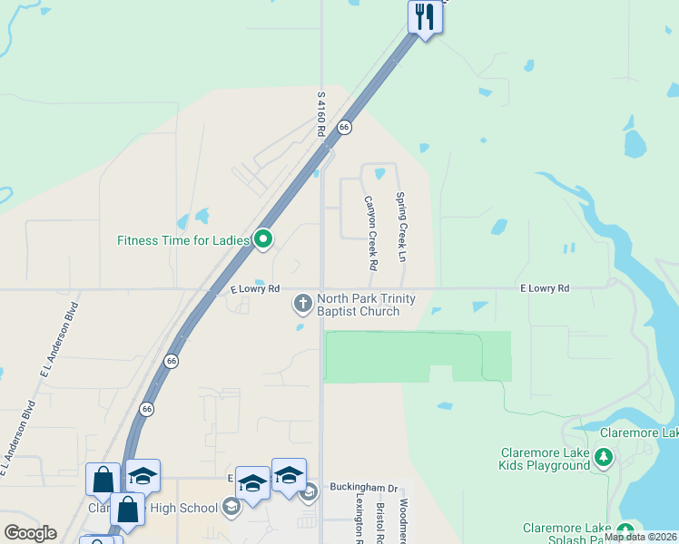 map of restaurants, bars, coffee shops, grocery stores, and more near 18914 South Birch Hollow Way in Claremore