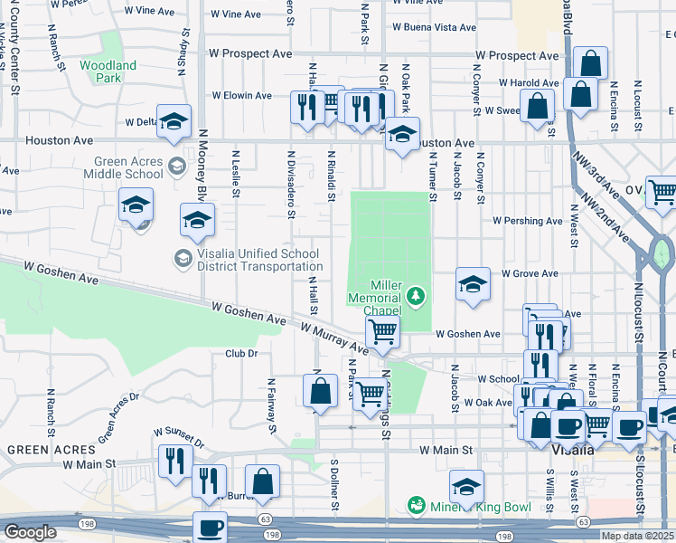 map of restaurants, bars, coffee shops, grocery stores, and more near 808 North Rinaldi Street in Visalia