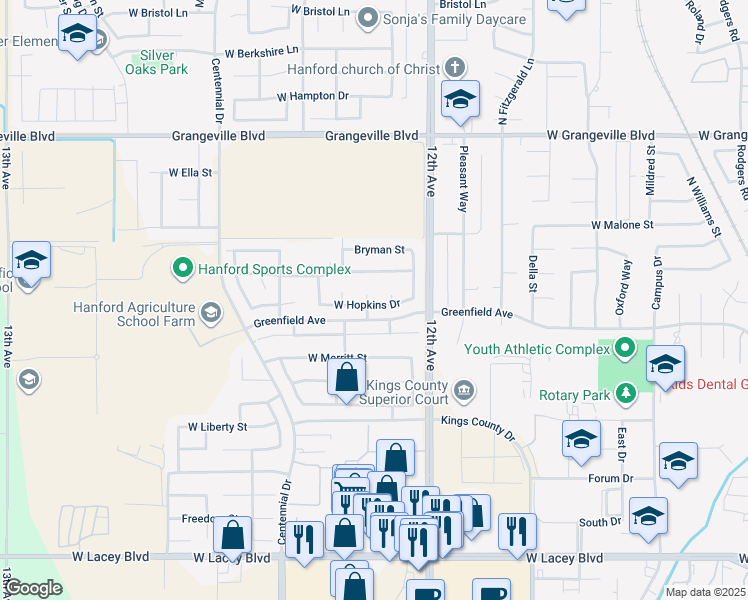 map of restaurants, bars, coffee shops, grocery stores, and more near 1203 North Kaplan Place in Hanford