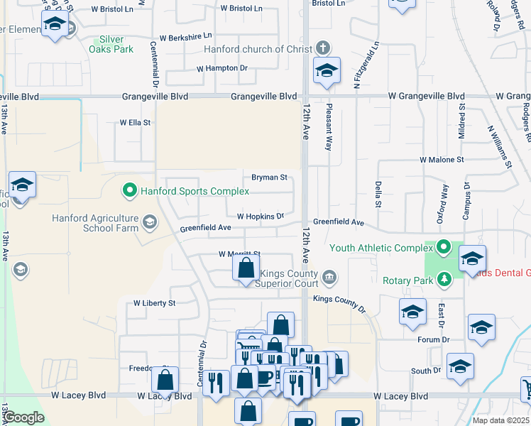 map of restaurants, bars, coffee shops, grocery stores, and more near 1203 North Kaplan Place in Hanford