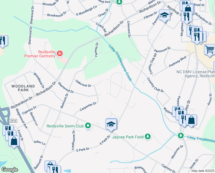 map of restaurants, bars, coffee shops, grocery stores, and more near 909 Oakcrest Drive in Reidsville