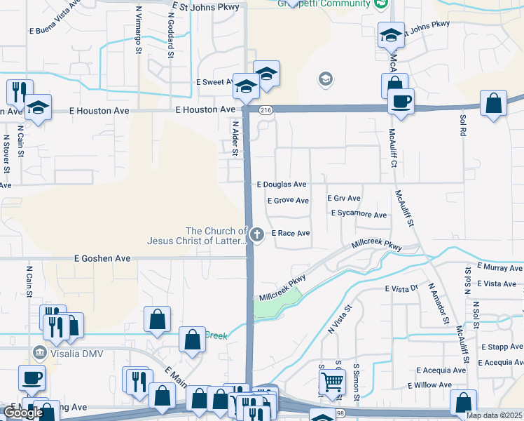 map of restaurants, bars, coffee shops, grocery stores, and more near 802 North Lovers Lane in Visalia