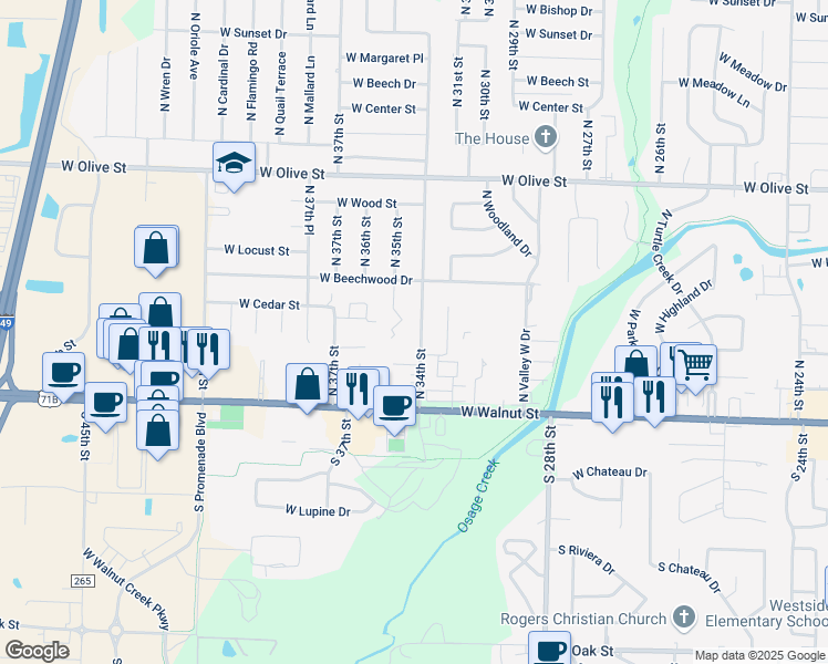 map of restaurants, bars, coffee shops, grocery stores, and more near 312 North 34th Street in Rogers