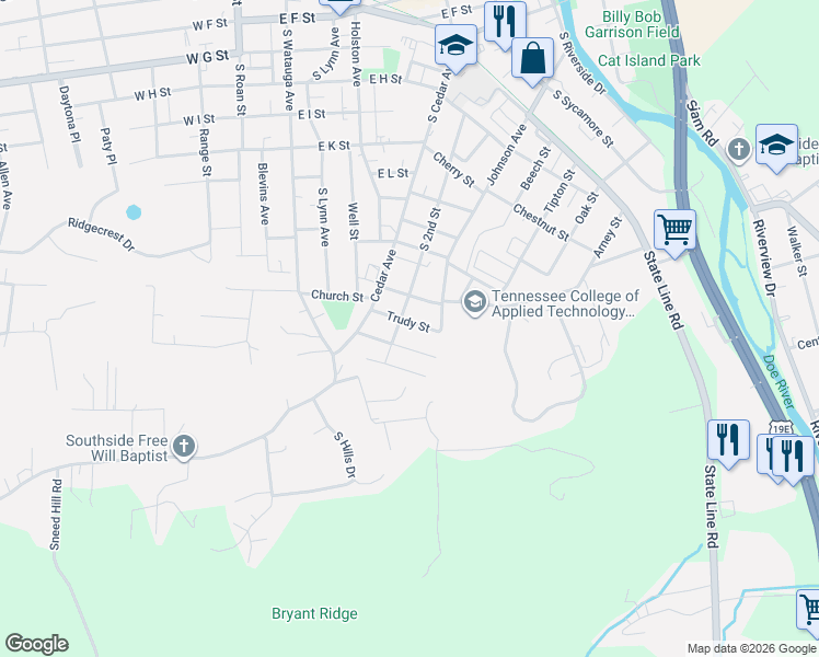 map of restaurants, bars, coffee shops, grocery stores, and more near 604 Trudy Street in Elizabethton