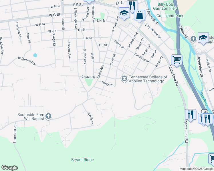 map of restaurants, bars, coffee shops, grocery stores, and more near 604 Trudy Street in Elizabethton