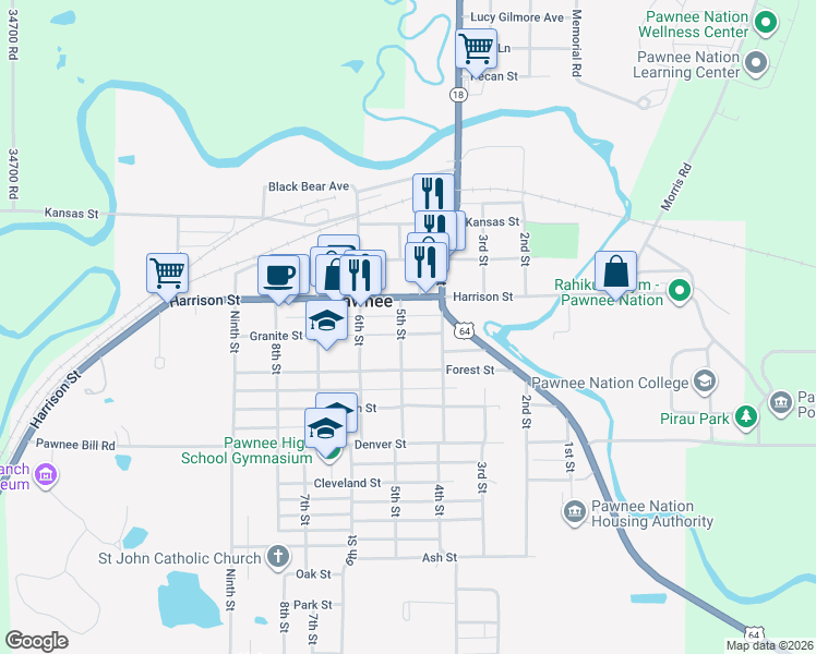 map of restaurants, bars, coffee shops, grocery stores, and more near 501 Harrison Street in Pawnee