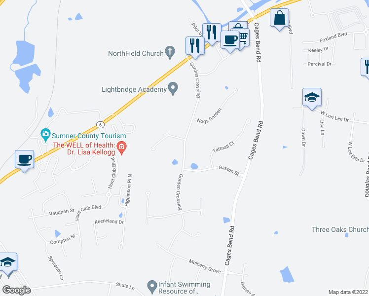 map of restaurants, bars, coffee shops, grocery stores, and more near 2158 Gorden Crossing in Gallatin