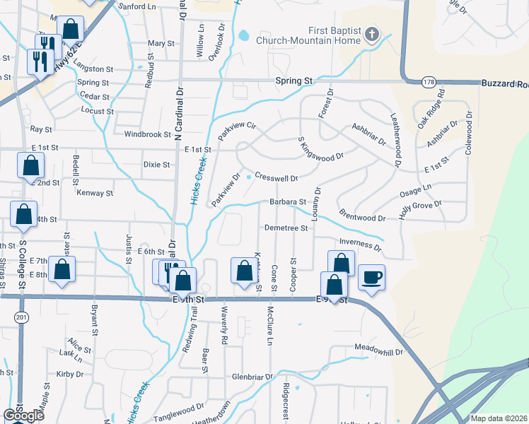 map of restaurants, bars, coffee shops, grocery stores, and more near 1007 Barbara Street in Mountain Home
