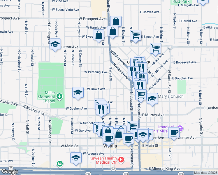 map of restaurants, bars, coffee shops, grocery stores, and more near 400 West Grove Avenue in Visalia
