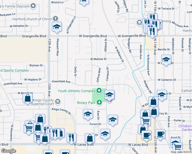 map of restaurants, bars, coffee shops, grocery stores, and more near 1200 Oxford Way in Hanford