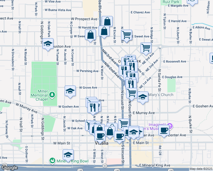 map of restaurants, bars, coffee shops, grocery stores, and more near 814 North West Street in Visalia