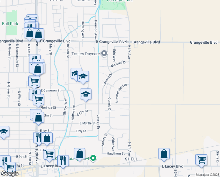 map of restaurants, bars, coffee shops, grocery stores, and more near 1190 Connie Drive in Hanford