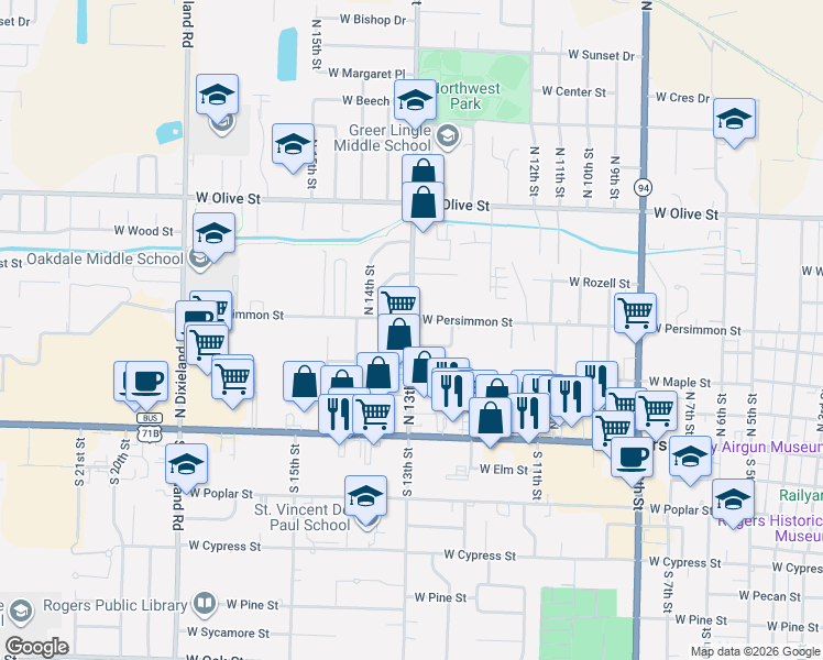map of restaurants, bars, coffee shops, grocery stores, and more near 1217 West Persimmon Street in Rogers
