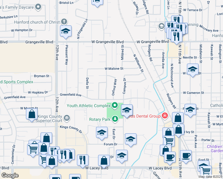map of restaurants, bars, coffee shops, grocery stores, and more near 1200 Oxford Way in Hanford