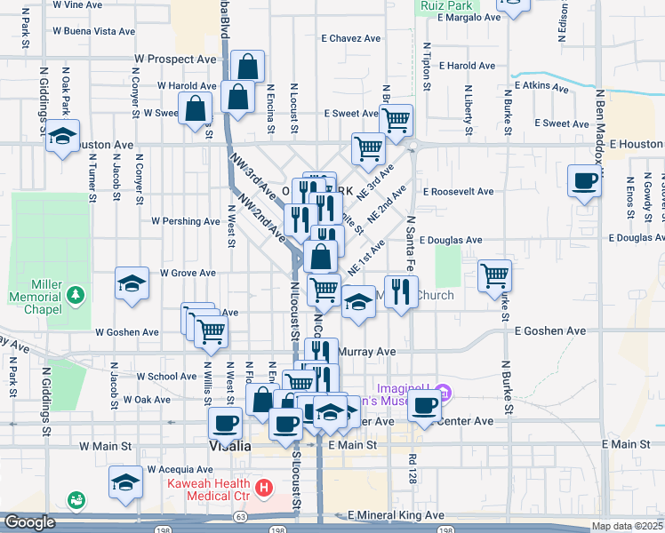 map of restaurants, bars, coffee shops, grocery stores, and more near 111 Ash Street in Visalia