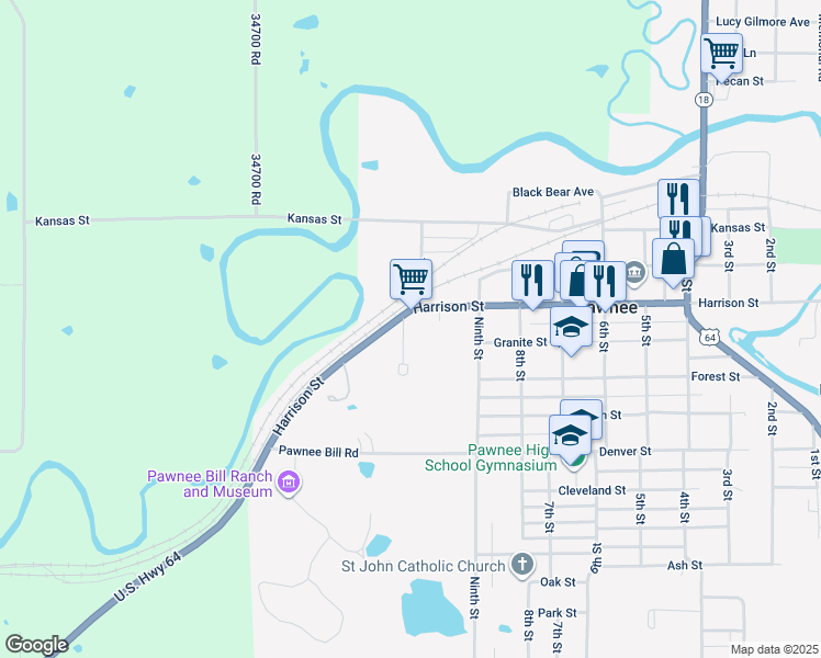 map of restaurants, bars, coffee shops, grocery stores, and more near 1011 Harrison Street in Pawnee