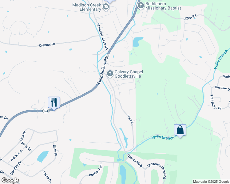 map of restaurants, bars, coffee shops, grocery stores, and more near 1039 Willis Branch Drive in Goodlettsville